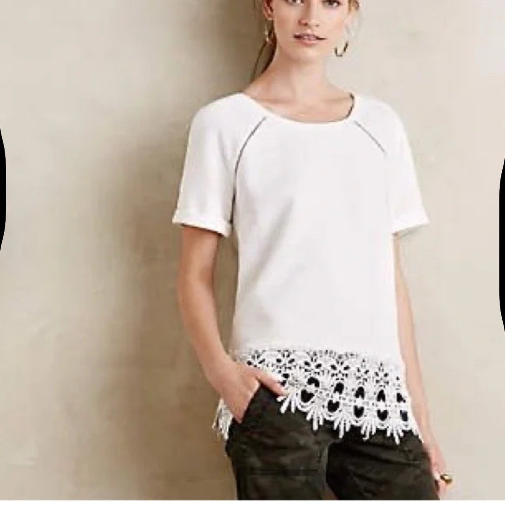 Saturday Sunday Top Women XS Ivory Crochet‎ Lace Hem Ribbed Short Sleeve Blouse